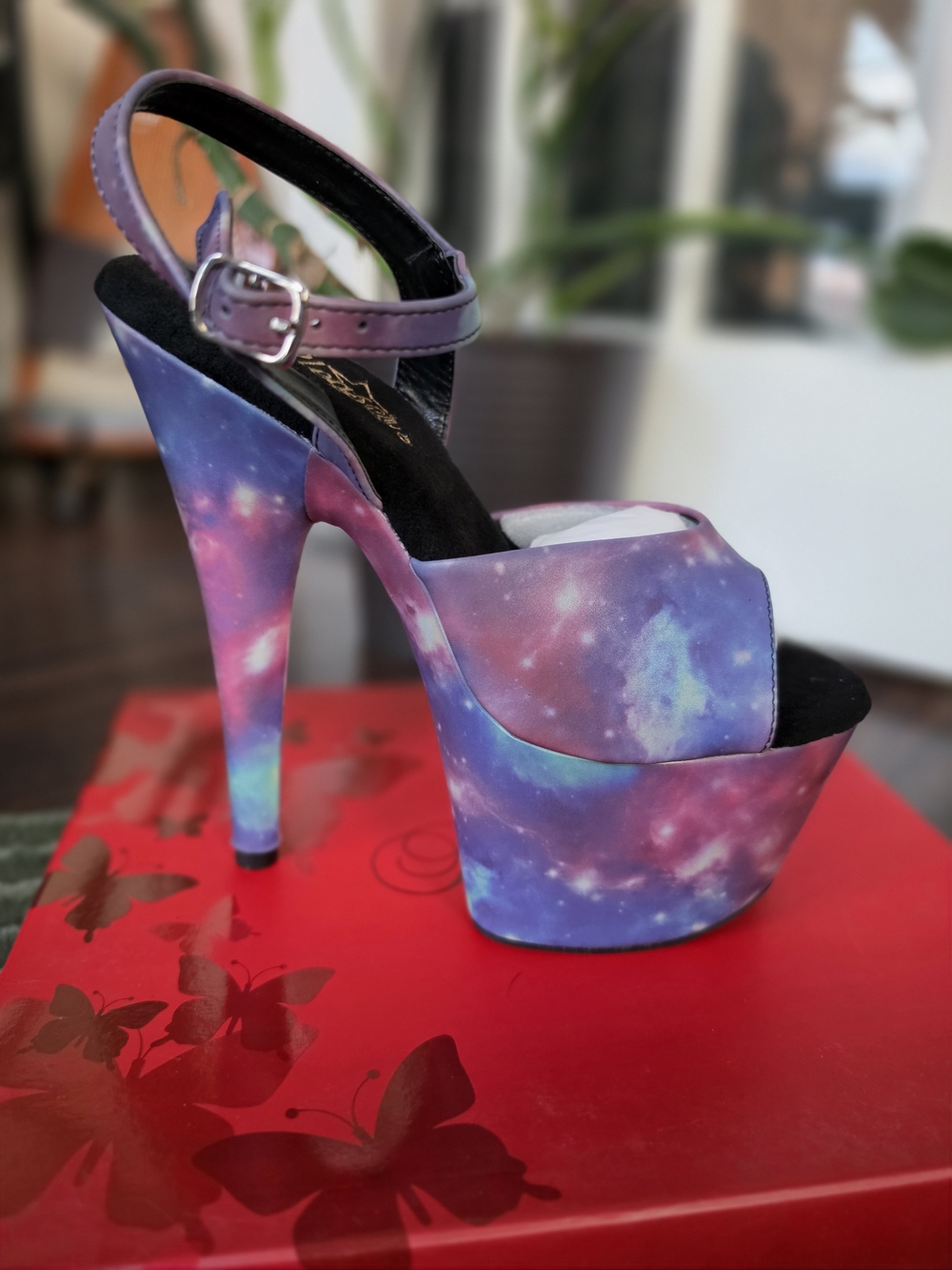Pleaser Galaxy Print Platform Ankle-Strap Heels - Purple Blue Pink